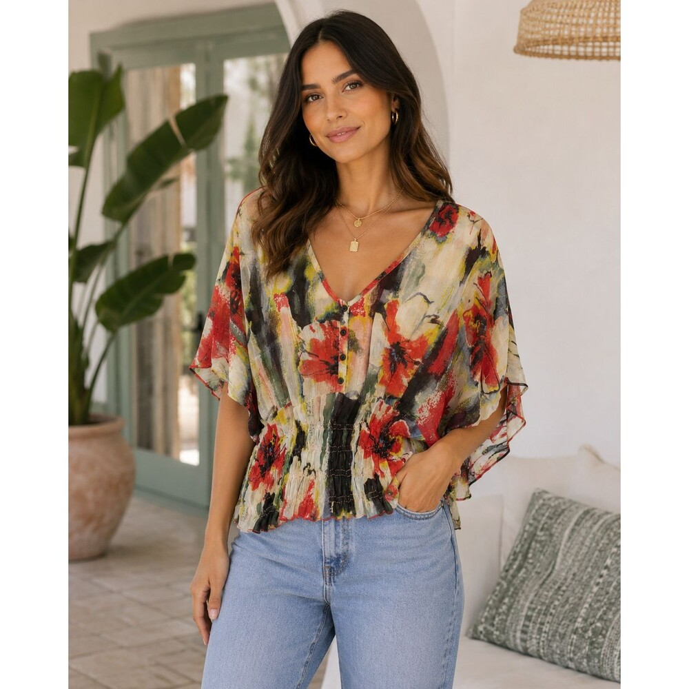 Rampage Floral Blouse Sheer Flutter Sleeve Smocked Waist Y2K Boho Top